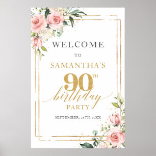 Poster Panneau de bienvenue pour 90e anniversaire rose et