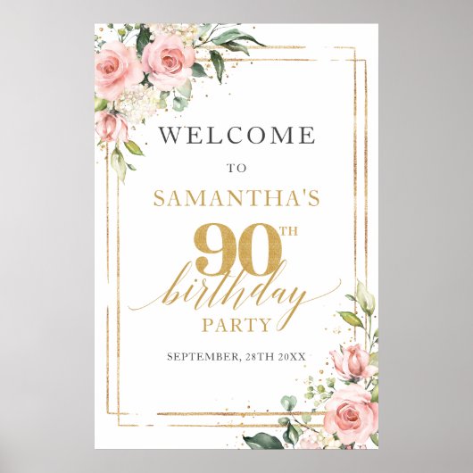 Poster Panneau de bienvenue pour 90e anniversaire rose et (Devant)