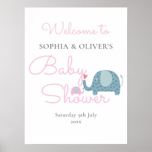 Poster Panneau de bienvenue pour Baby Shower éléphant ros