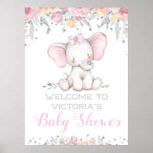 Poster Panneau de bienvenue pour Baby Shower Fille Élépha
