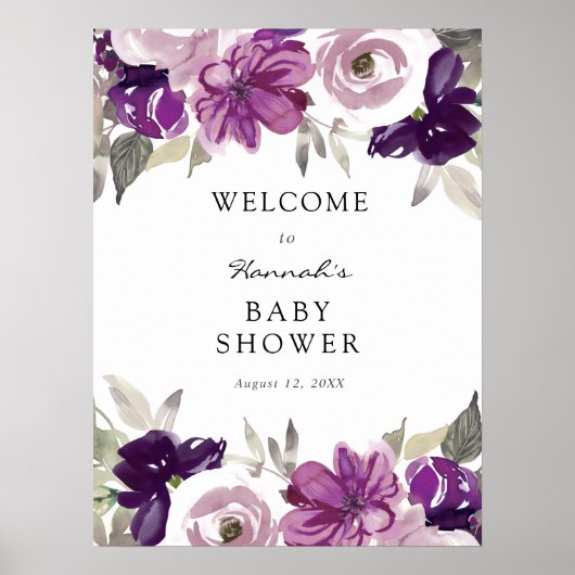 Poster Panneau de bienvenue pour Baby Shower Fleurs Viole (Devant)