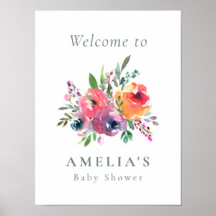 Poster Panneau de bienvenue pour baby shower floral aquar