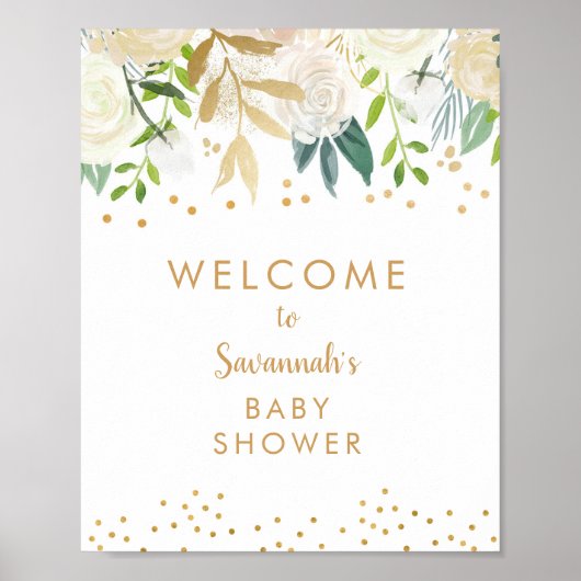Poster Panneau de bienvenue pour baby shower floral blanc (Devant)