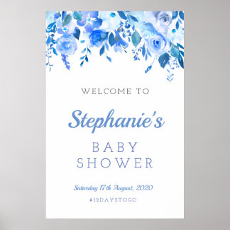 Poster Panneau de bienvenue pour baby shower floral bleu,