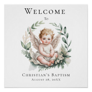 Poster Panneau de bienvenue pour baptême avec ailes d'ang
