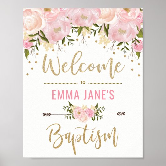 Poster Panneau de bienvenue pour baptême floral rose avec (Devant)