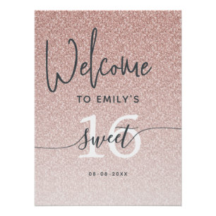 Poster Panneau de bienvenue pour fête Sweet 16 rose paill