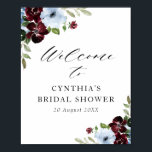 Poster panneau de bienvenue pour une baby shower bordeaux<br><div class="desc">de belles fleurs aquarelles bordeaux et bleu poussiéreux. Le texte et les couleurs de ce panneau peuvent être modifiés.</div>