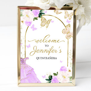 Poster Panneau de bienvenue Quinceanera Papillon Robe Lav