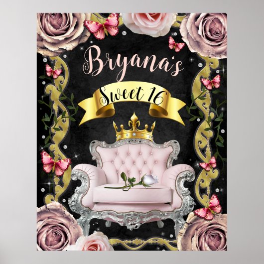 Poster Panneau de bienvenue Roses Chaise Rose Papillons S (Devant)