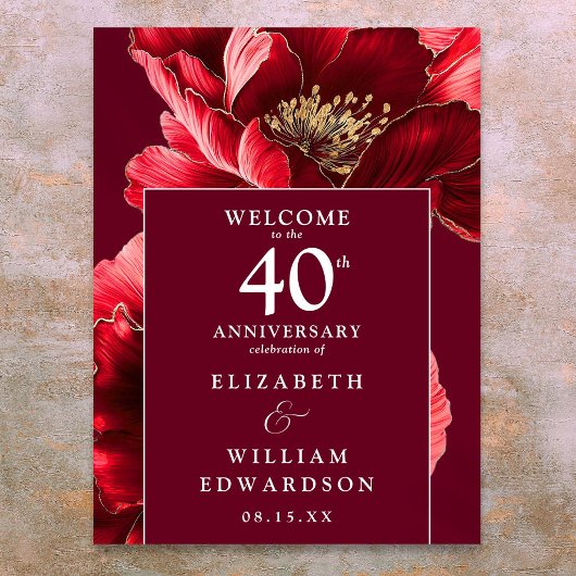 Poster Panneau de bienvenue Ruby Red Floral 40e anniversa
