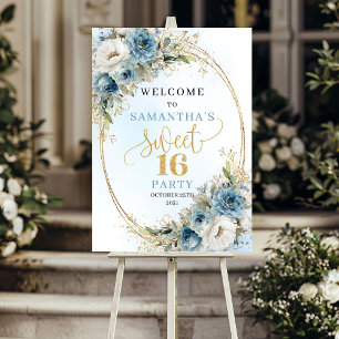 Poster Panneau de bienvenue Sweet 16 aquarelle bleu pouss