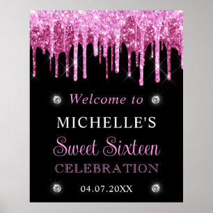 Poster Panneau de bienvenue Sweet 16 pailleté rose et noi