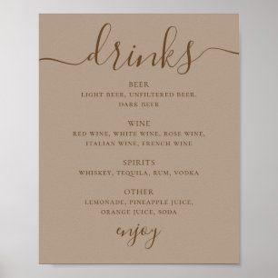 Poster Panneau de boissons de mariage en taupe poussiéreu