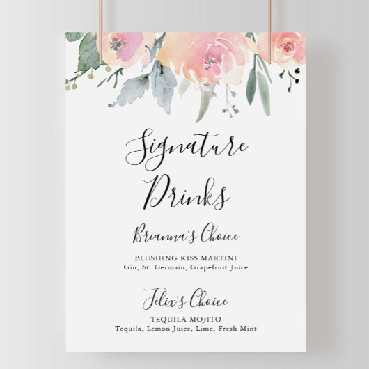 Poster Panneau de boissons signature à fleurs rose pâle é