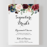 Poster Panneau de boissons signature calligraphique rusti<br><div class="desc">Ce panneau de boissons signature calligraphique rustique d'automne est parfait pour un mariage moderne. Le design présente des fleurs peintes à la main de couleur bordeaux,  rouge,  marine,  bleue et rose radieuses et gracieuses,  inspirant la beauté naturelle.

Personnalisez le panneau avec les noms des mariés et leur boisson préférée.</div>