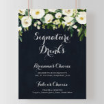 Poster Panneau de boissons signature floral blanc bleu ve<br><div class="desc">Ce panneau de boissons signature floral blanc bleu vert est parfait pour un mariage rustique. Le design présente d'élégantes pivoines blanches aquarelles avec un feuillage vert sur un fond bleu foncé. Personnalisez le panneau avec les noms des mariés et leur boisson préférée.</div>