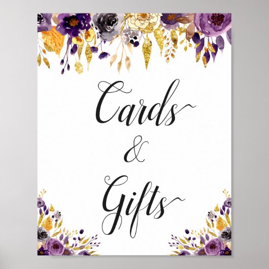 Poster Panneau de cartes et cadeaux floraux d'or violet (Devant)