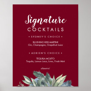 Poster Panneau de cocktails signature Burgundy Greenery h