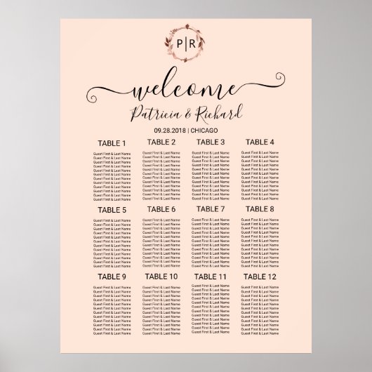 Poster Panneau de disposition de mariage à monogramme en  (Devant)