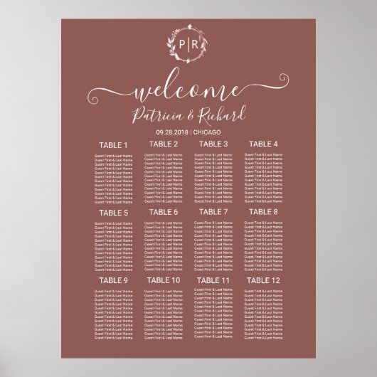Poster Panneau de disposition de mariage à monogramme en (Devant)