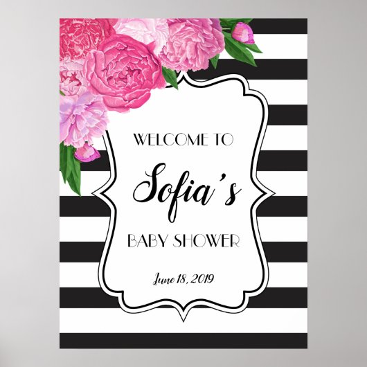 Poster Panneau de douche florale rose noir et blanc (Devant)