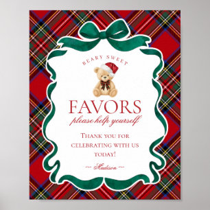 Poster Panneau de faveur de fête de Noël en tartan rouge 