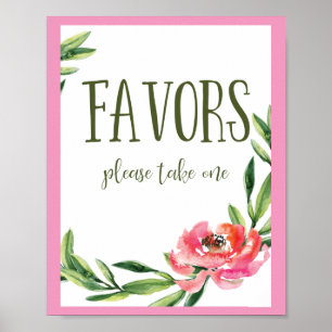 Poster Panneau de faveur floral aquarelle rose et vert