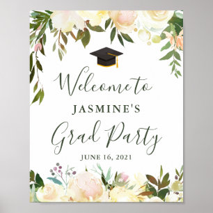 Poster Panneau de fête de remise des diplômes floral blan