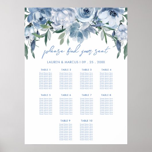 Poster Panneau de Fête des mariées florale bleu poussiére (Devant)