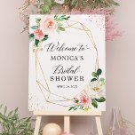 Poster Panneau de Fête des mariées florale Géométrique Or<br><div class="desc">Ajoutez une touche d'élégance à votre douche nuptiale grâce à ce panneau de Fête des mariées florale rose rose vermillon Gold. L'enseigne présente un beau design floral dans un cadre géométrique rose vif et or, ce qui en fait un lieu idéal pour tous les thèmes de douche nuptiale. Pour afficher...</div>