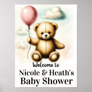 Poster Panneau de Fête Prénatale Bébé Ballon Rose Ourson