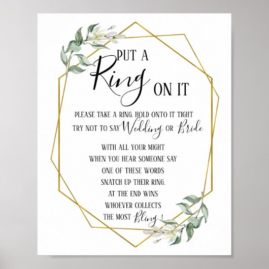 Poster Panneau de jeu de douche de mariée avec verdure "M (Devant)