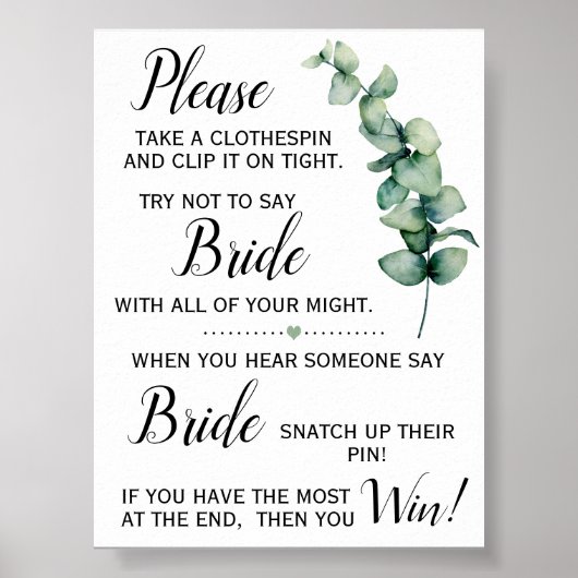Poster Panneau de jeu de douche de mariée Eucalyptus Pinc (Devant)