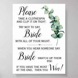 Poster Panneau de jeu de douche nuptiale Eucalyptus Pince