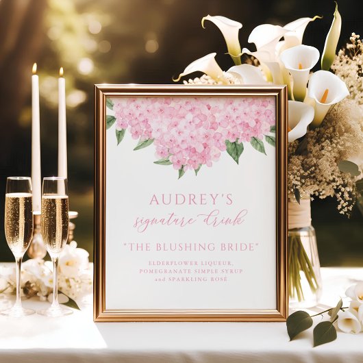 Poster Panneau de la barre de boisson rose Hydrangea Sign