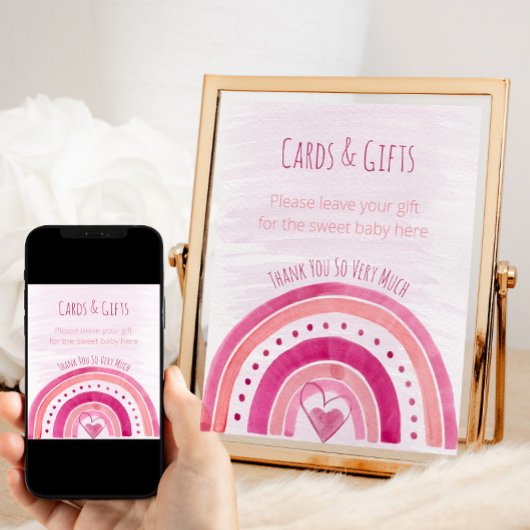 Poster Panneau de la table cadeau Baby shower rose arc-en