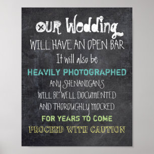 Poster Panneau de mariage à bar ouvert Attention Drôle