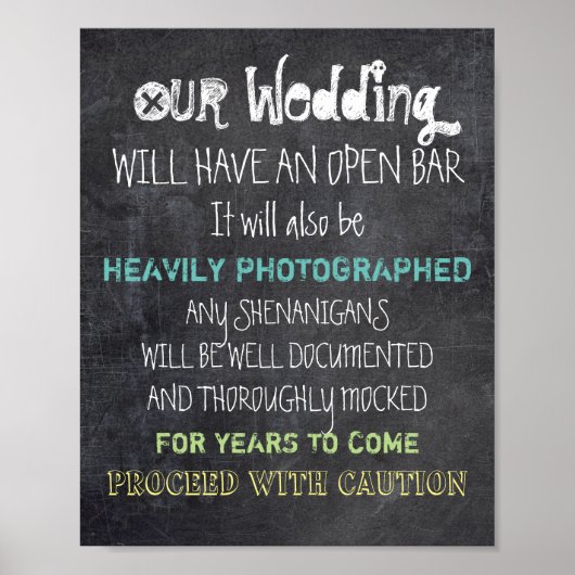 Poster Panneau de mariage à bar ouvert Attention Drôle (Devant)