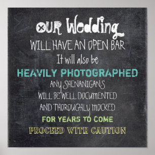 Poster Panneau de mariage à bar ouvert Attention Drôle