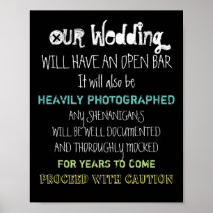 Poster Panneau de mariage à bar ouvert Attention Drôle de