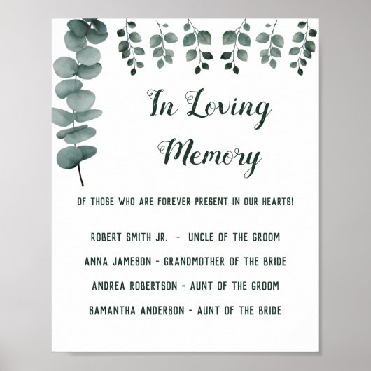 Poster Panneau de mariage à la mémoire de la verdure Euca (Devant)