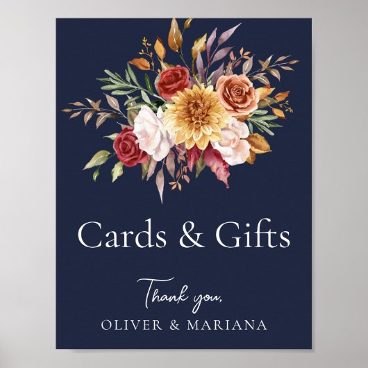 Poster Panneau de mariage bleu de la marine florale Autom (Devant)