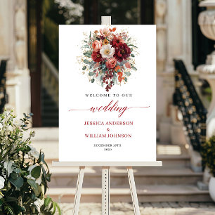 Poster Panneau de mariage bohème floral bordeaux automnal