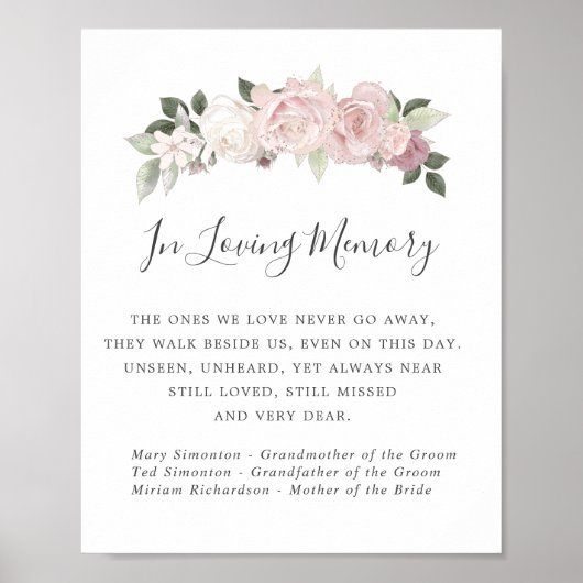 Poster Panneau de mariage commémoratif floral blanc rose (Devant)