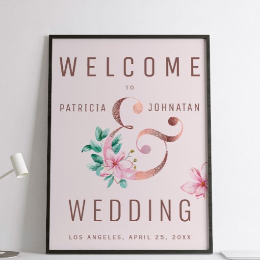 Poster Panneau de mariage d'accueil rose or et rose