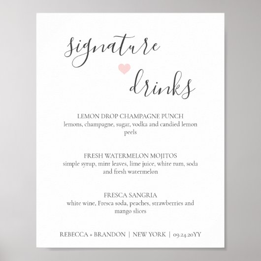 Poster Panneau de mariage des boissons à signature simple (Devant)