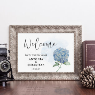 Poster Panneau de mariage élégant à fleurs bleues d'horte