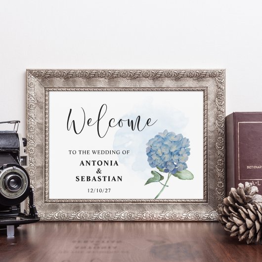 Poster Panneau de mariage élégant à fleurs bleues d'horte