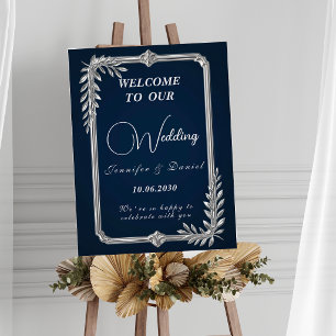 Poster Panneau de mariage élégant luxe bleu marine et arg
